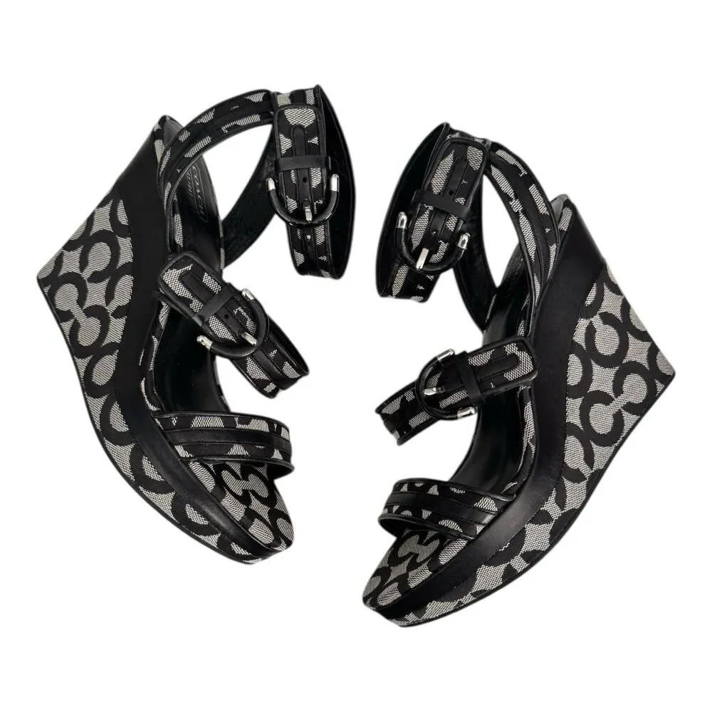 Coach Logo Maralee Wedge Jacquard Sandals Women’s 8.5B Black/Gray - Picture 2 of 9